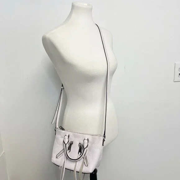 Rebecca Minkoff Purse Micro Moto Satchel Leather Fringe Crossbody Off White - Picture 1 of 15